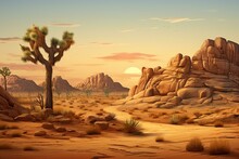 Beautiful Desert Landscape With Rocky Outcrops And Distinctive Joshua Trees. Generative AI