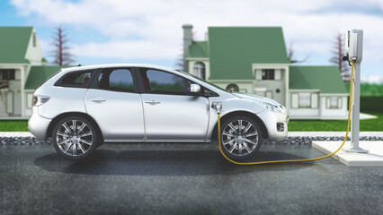 Wall Mural - Electric crossover SUV being charged at ev charging station. 3D illustration