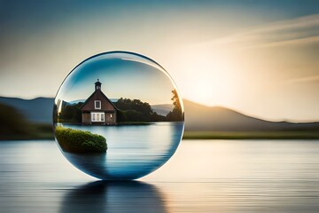 Wall Mural - House floating in a bubble on blue with copy space. Metaphor for real estate bubble financial crisis.