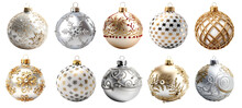 Decorative Christmas Bauble Ball, Silver Gold Shiny Collection On Transparent Background Cutout. PNG File. Many Assorted Different Flavour. Mockup Template For Artwork Design
