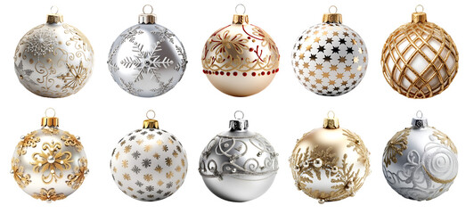 decorative christmas bauble ball, silver gold shiny collection on transparent background cutout. png