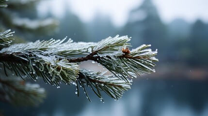 Wall Mural - Pine tree branches are covered with frost, nature winter natural dark background, snow-covered coniferous needles close-up, soft focus, bokeh and copy space