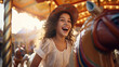 A happy young girl expressing excitement while on a colorful carousel, merry-go-round, having fun at an amusement park