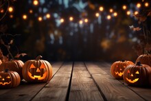Wooden Deck Floor On The Background Of Halloween Theme Background. Generative AI.