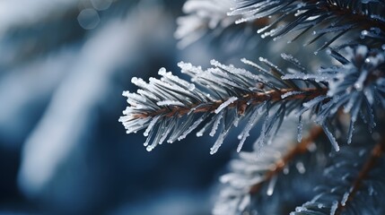 Sticker - Pine tree branches are covered with frost, nature winter natural dark background, snow-covered coniferous needles close-up, soft focus, bokeh and copy space