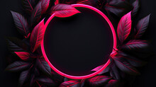 Image Of Leaves Over Pink Neon Circle On Black Background