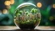Capture an image of a glass globe with a tiny model of a green city inside it, demonstrating the integration of sustainable practices in urban planning