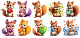 Fototapeta Pokój dzieciecy - set of cute squirrel with heart Sticker, Clipart, on transparent isolated background, generated ai