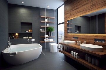 Interior of modern bathroom with black and wooden walls