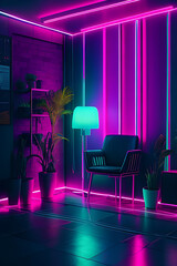 Wall Mural - Interior of colorful modern  room with neon light.