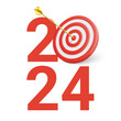 © Maksym Kravchenko - New Year realistic target and goals with symbol of 2024 from red target and arrows. Target concept for new year 2024. Vector illustration