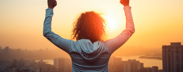 Triumphant Morning: Woman Celebrates Workout Goals Facing the Sun