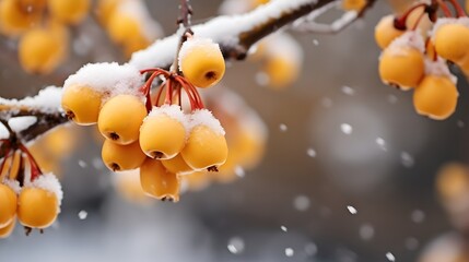 Wall Mural - Small yellow apples on branches tree with snow. Winter or late autumn scene, beautiful nature with wild frozen berries on blurred dark background. Winer season apple trees close up and snowing