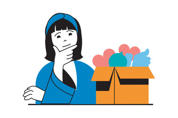 Aufkleber - Social media concept with people scene in flat web design. Woman using networks, collecting comments, like and heart reactions in box. Vector illustration for social media banner, marketing material.