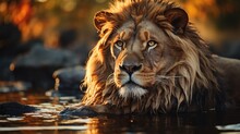 The Lion Looks At His Reflection In The Water Against The Backdrop Of The Jungle