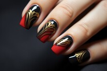 Beautiful black and red nails with gold design, AI
