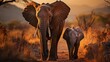 Elephant walking with her calf against the backdrop of mountains at sunset