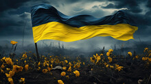 Aftermath Of War. Victory Flag Of Ukraine Flying Proudly In The Wind, Against On Flowers Field. Victory Against Russian Aggression.