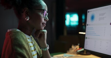 Aufkleber - African American Female Smiling While Checking Data and Statistic Charts Using Desktop Computer. Portrait of a Happy Successful Black Businesswoman in Creative Agency in the Evening