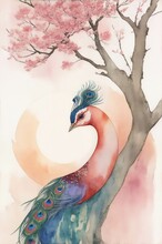 Background Peacock With Red Sun And Sakura Image