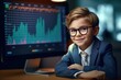 © Rudsaphon - Portrait of a cute little boy in a business suit sitting at the table in front of a monitor with a stock market chart.Generative Ai