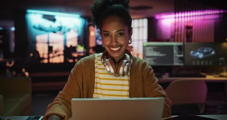 Aufkleber - Portrait of a Black Smiling Female, Using Laptop Computer, Looking at Camera and Smiling in a Creative Office. Empowered Information Technology Specialist and Developer Working on a Project. Zoom in