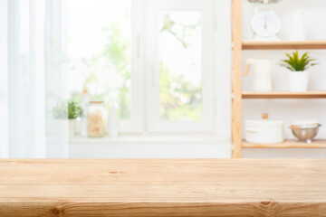 Wall Mural - empty table top and blur rustic kitchen window interior background