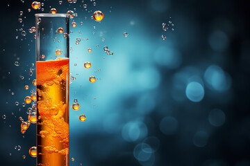 Wall Mural - effervescent gas bubbles rise steadily in a tall graduated cylinder filled with a bright orange chem