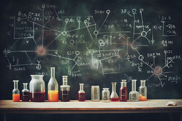 Wall Mural - Detailed chemical equations scribbled on a chalkboard with evidence of chalk smudges and erasures, showcasing the process of academic problem solving