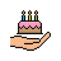 pixel hand holds cake icon 8 bit, pixel art  dessert birthday cake icon  game  logo.