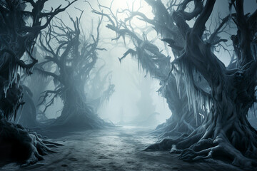 Wall Mural - Mysterious spooky forest with a moonlit path fog on Halloween night.