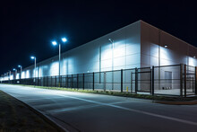 The Exterior Of A Warehouse Is Illuminated By Security Lights During Nighttime, Highlighting Its Robust Fence Ensuring Safety And Security