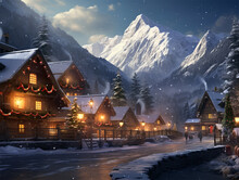 Christmas Village Scene With Street Lamp, Christmas Tree And Snowy Mountains At The Background