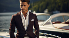 Beside A Tranquil Lake, A Well-groomed And Attractive Man In A Sharp Suit Is Captured Buttoning His Jacket, With An Extravagant Yacht As The Backdrop..