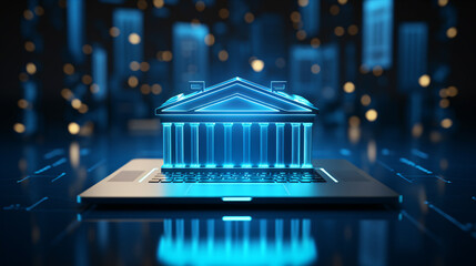 Picture a serene blue-toned canvas, where a radiant digital bank icon emerges, symbolizing the essence of online banking and effortless transactions