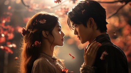 A girl and a guy in love in the cinematic style of a Korean dorama.