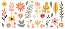 Abstract Hand Drawn Abstract Wildflowers, Set Flowers And Leaves, Flat Icons. Vector Illustration