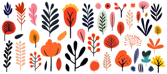 Wall Mural - abstract hand drawn abstract wildflowers, set flowers and leaves, flat icons. vector illustration