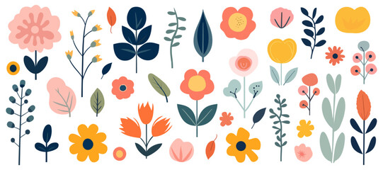 Wall Mural - abstract hand drawn abstract wildflowers, set flowers and leaves, flat icons. vector illustration