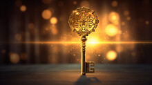 Golden Key With Glowing Lights And Dark Background