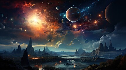 Wall Mural - Outer space scene with planets and galaxies illustration.
