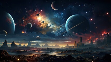 Wall Mural - Outer space scene with planets and galaxies illustration.