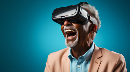 Wall Mural - Portrait of a senior man using virtual reality headset against blue background