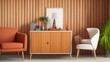For the contemporary living room interior design employing wood wall paneling, there are two orange armchairs and a poster. a sideboard, a window, coffee tables, pendant lighting, and parquet.