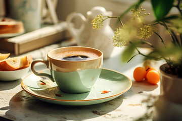 Vintage cup of coffee in the green retro kitchen, sunny morning breakfast at home