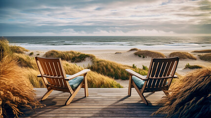 wooden veranda with two armchairs and tranquil sunrise view over sand dunes and sea