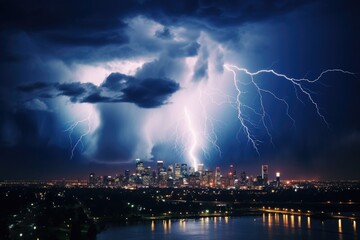 Wall Mural - Night city with clouds and lightning.
