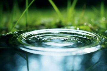 Wall Mural - Transparent water droplet ring near green grass. Generate Ai