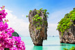  Travel photo of James Bond island with beautiful turquoise water in Phang Nga bay, Thailand.