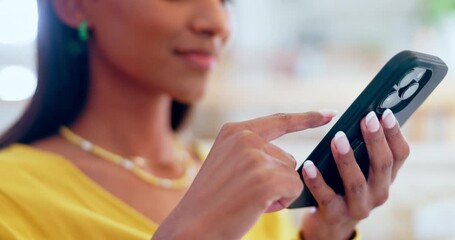 Fototapete - Relax, scroll and happy woman with phone in hand at home checking text, email or social media meme. Browse, internet search and girl in living room with cellphone for online chat, news or networking.